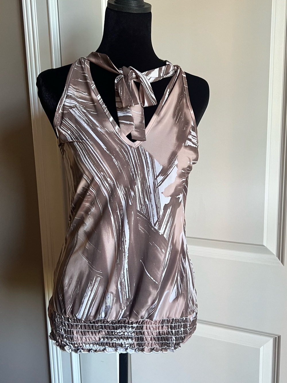 Pre-owned Tie-Neck Satin Camisole in Taupe Brushstroke